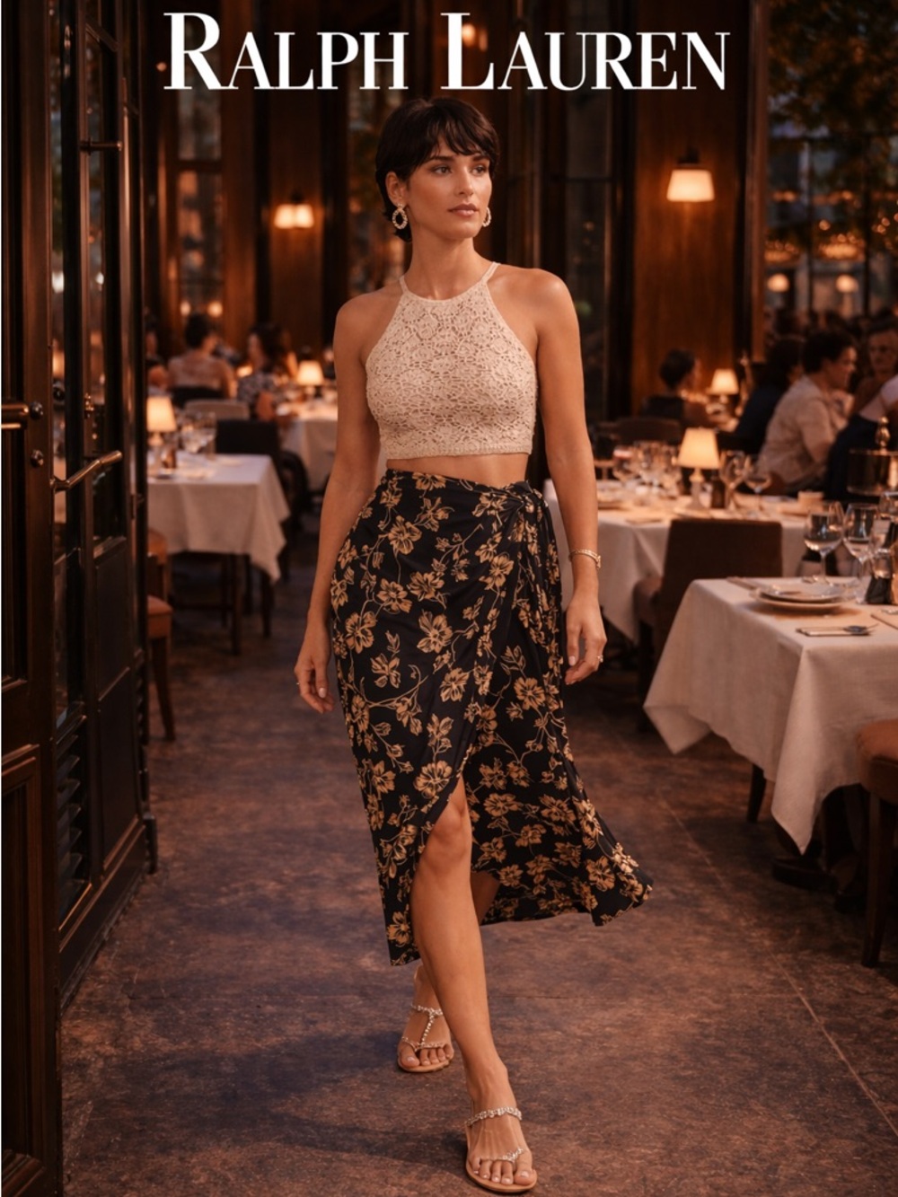 🌸 Silk Black Floral Wrap Midi Skirt with Gold-Tone Floral Print size 16 luxury